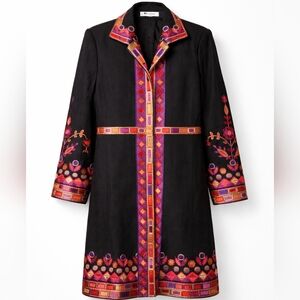 Nygard Collection Black Embroidered Wool-Blend Longline Coat Boho Jewel